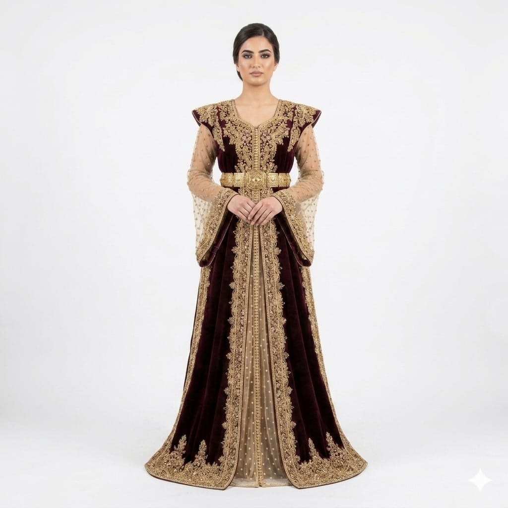 Imperial Burgundy Velvet Gold-Embroidered Moroccan Takchita Gown with Illusion Sleeves