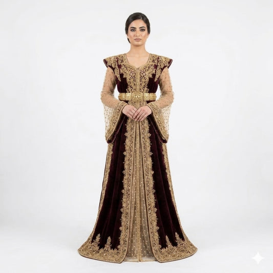 Imperial Burgundy Velvet Gold-Embroidered Moroccan Takchita Gown with Illusion Sleeves