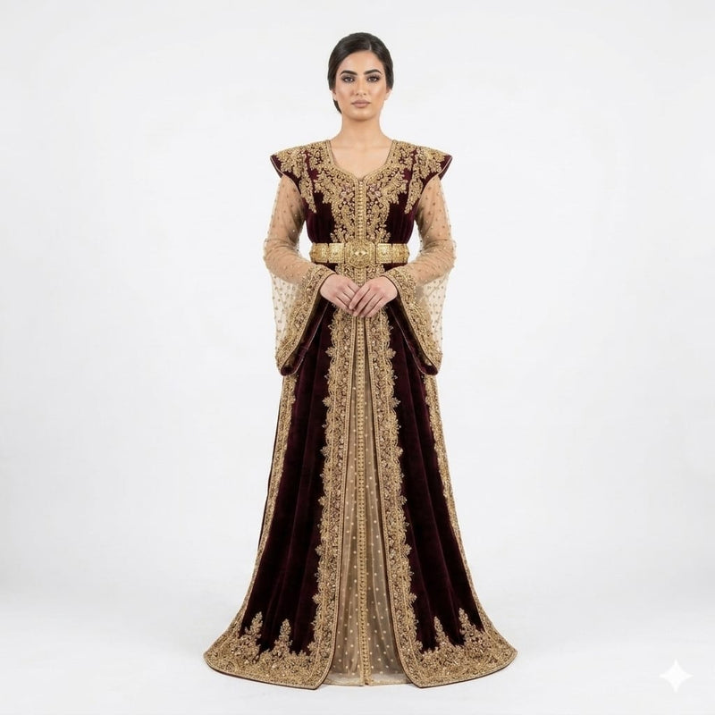 Imperial Burgundy Velvet Gold-Embroidered Moroccan Takchita Gown with Illusion Sleeves