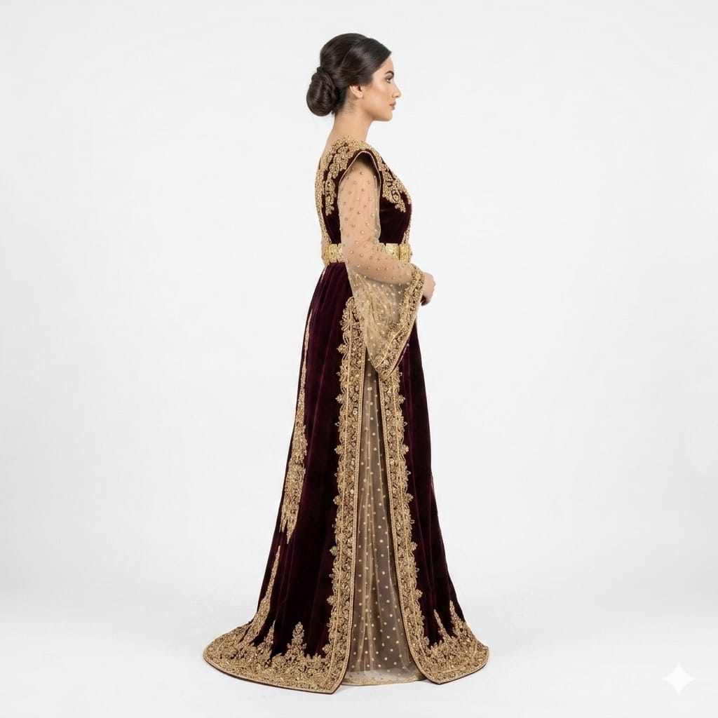 Imperial Burgundy Velvet Gold-Embroidered Moroccan Takchita Gown with Illusion Sleeves