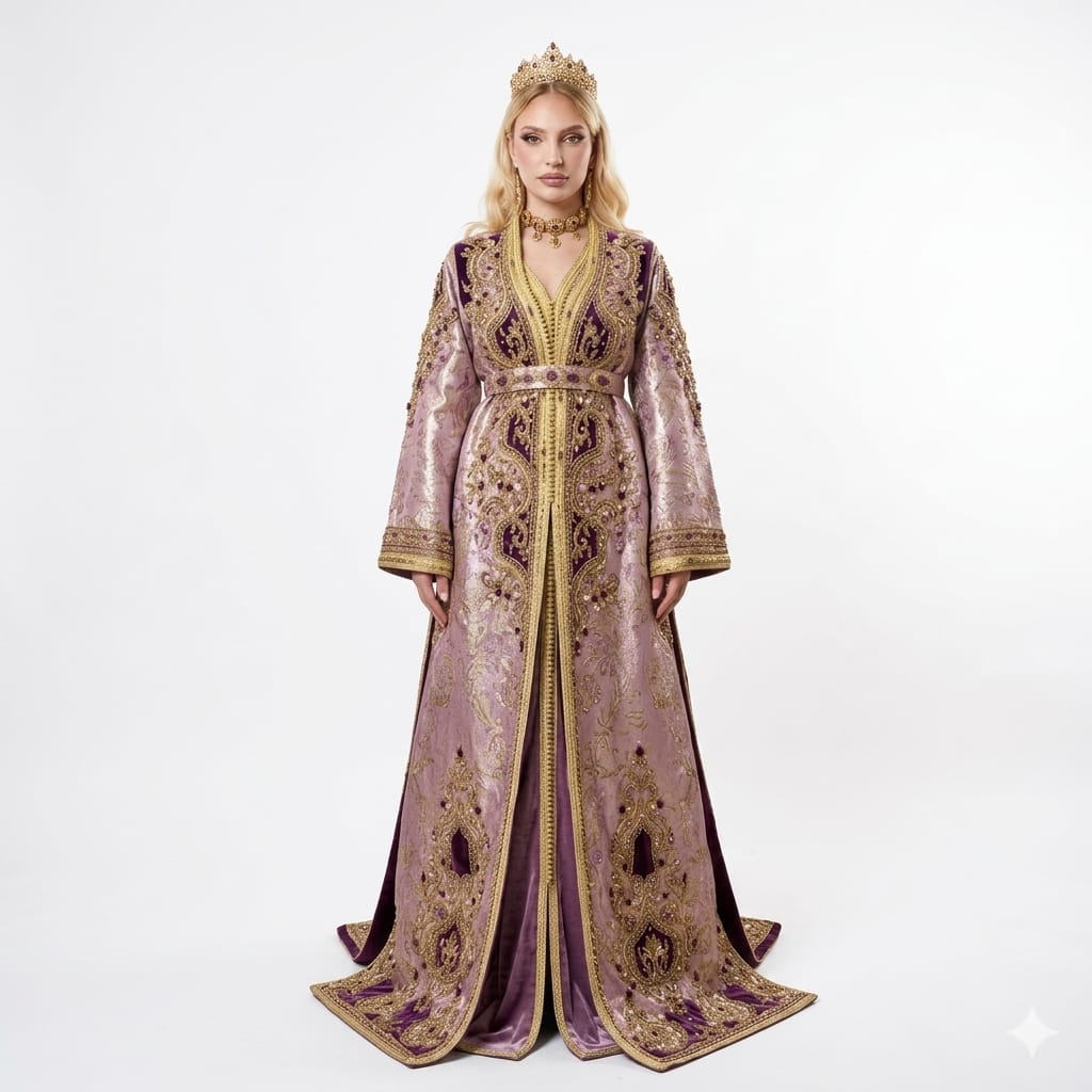 Royal Lavender Brocade and Violet Velvet Hand-Embroidered Luxury Moroccan Takchita Kaftan Gown