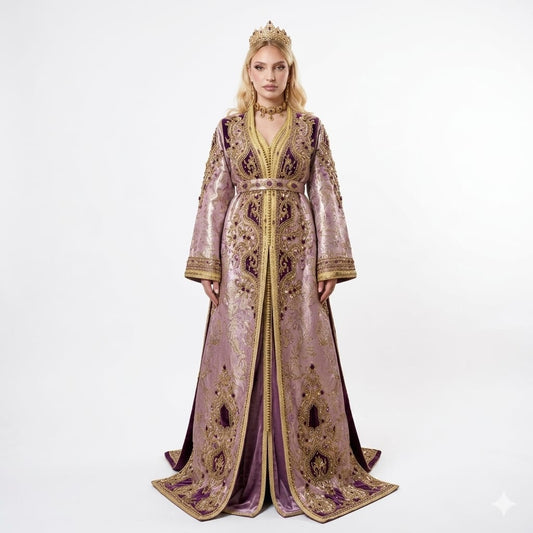Royal Lavender Brocade and Violet Velvet Hand-Embroidered Luxury Moroccan Takchita Kaftan Gown