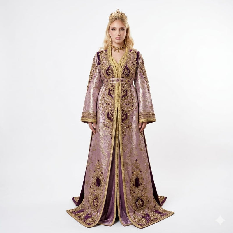 Royal Lavender Brocade and Violet Velvet Hand-Embroidered Luxury Moroccan Takchita Kaftan Gown