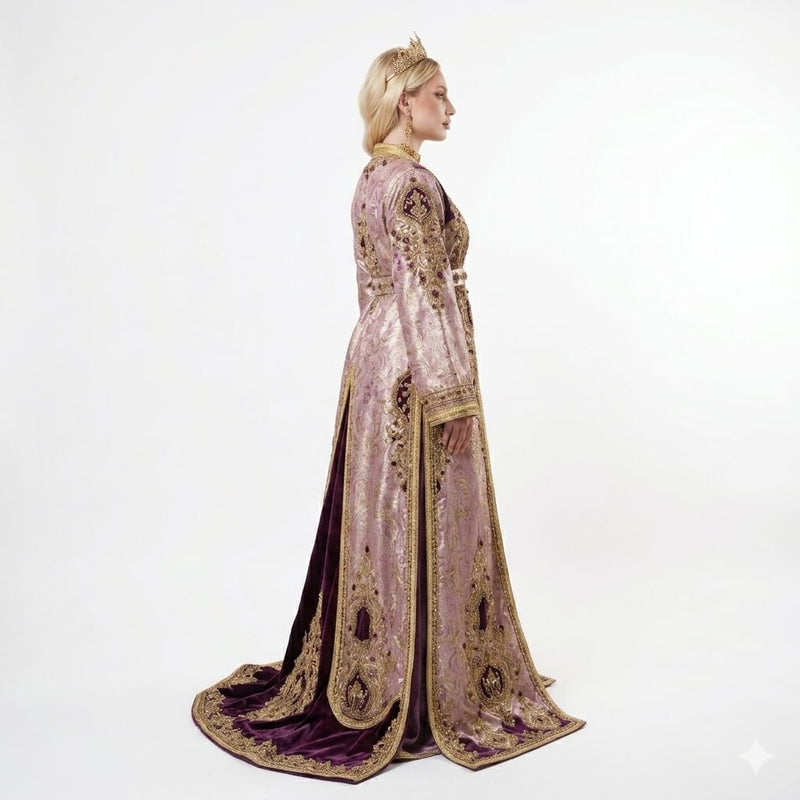 Royal Lavender Brocade and Violet Velvet Hand-Embroidered Luxury Moroccan Takchita Kaftan Gown