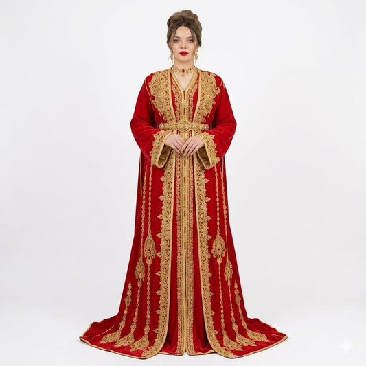 Royal Crimson Velvet Gold-Embroidered Moroccan Takchita Kaftan Gown