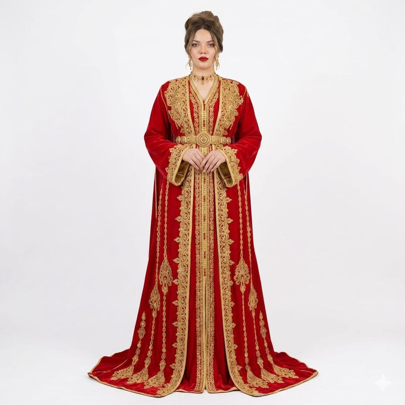Royal Crimson Velvet Gold-Embroidered Moroccan Takchita Kaftan Gown