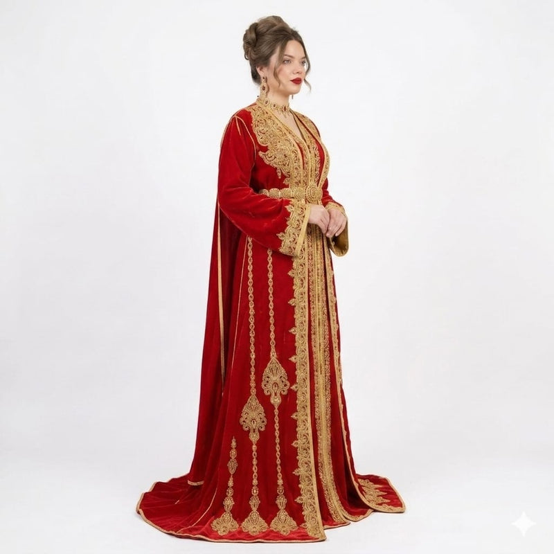 Royal Crimson Velvet Gold-Embroidered Moroccan Takchita Kaftan Gown