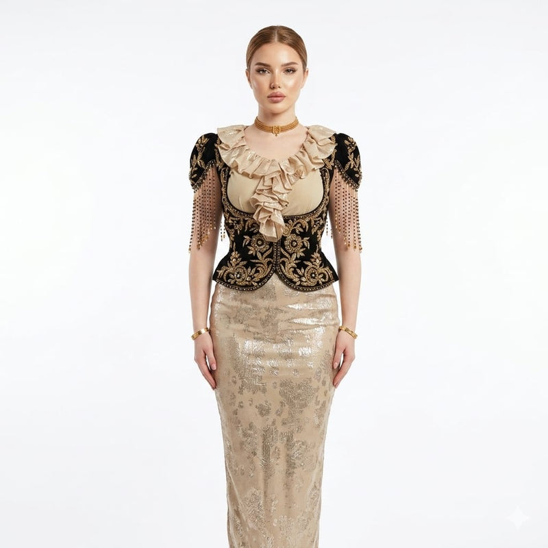 Noir Gold Velvet Hand-Embroidered Luxury Vest and Champagne Brocade Skirt Ensemble