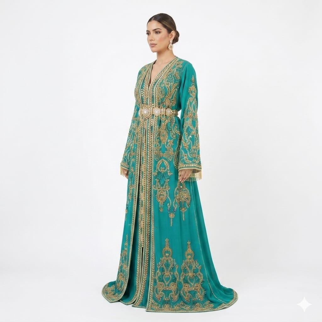 Royal Teal & Gold Embroidered Moroccan Caftan Gown with Luxury Embellished Belt | Premium Takchita Wholesale