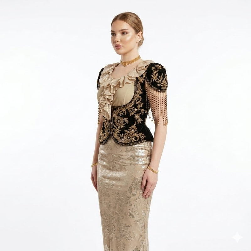 Noir Gold Velvet Hand-Embroidered Luxury Vest and Champagne Brocade Skirt Ensemble