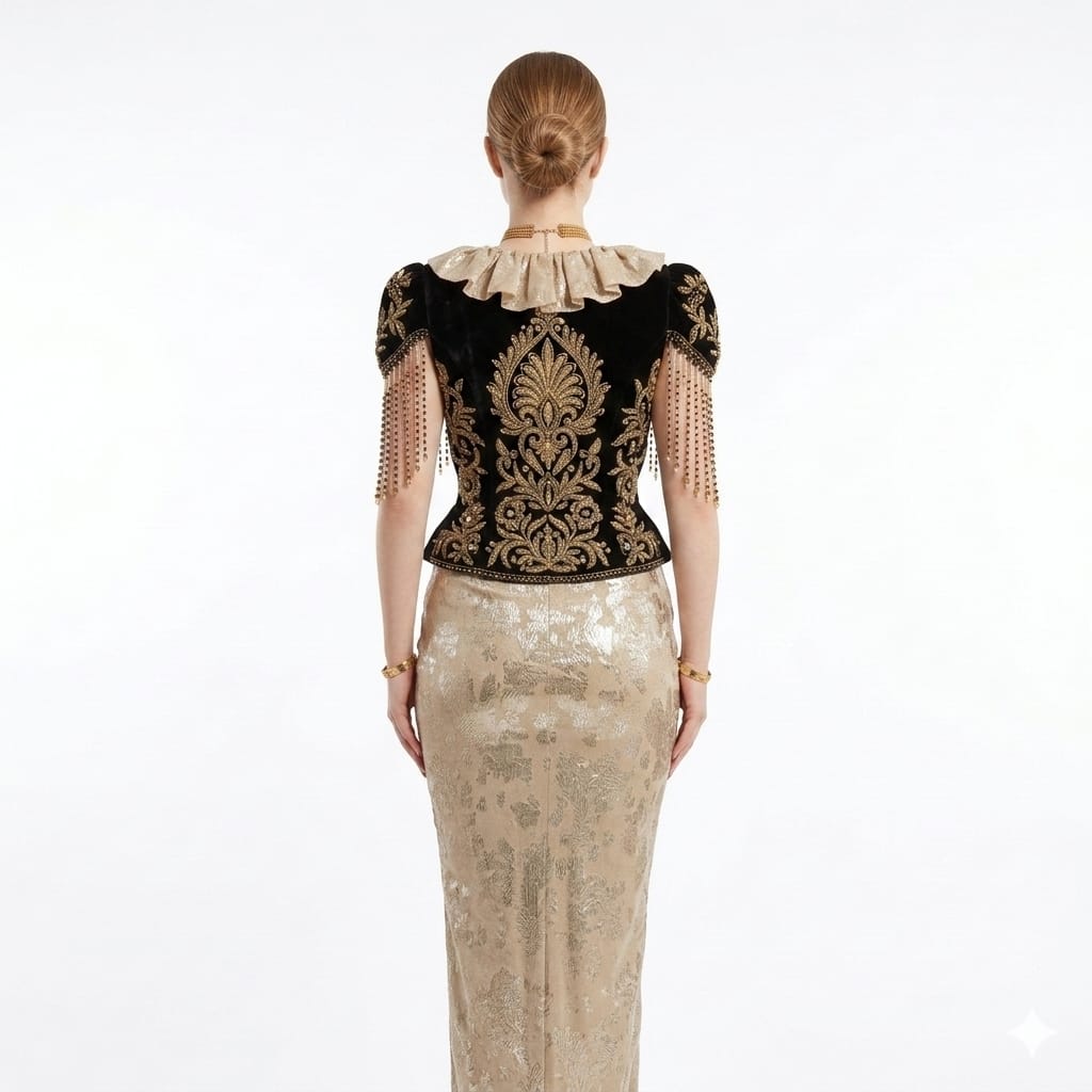 Noir Gold Velvet Hand-Embroidered Luxury Vest and Champagne Brocade Skirt Ensemble