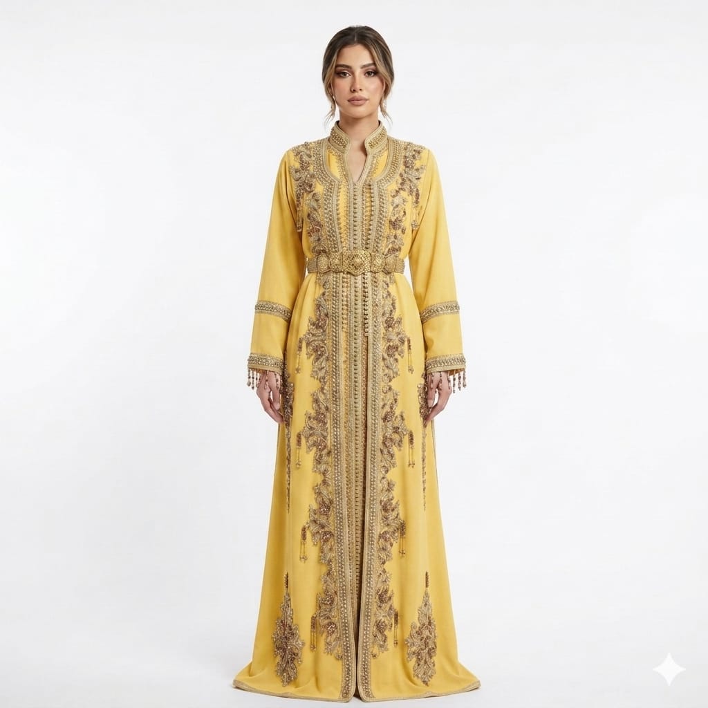 Saffron Gold Hand-Embroidered Luxury Moroccan Kaftan Gown with Metallic Filigree Belt