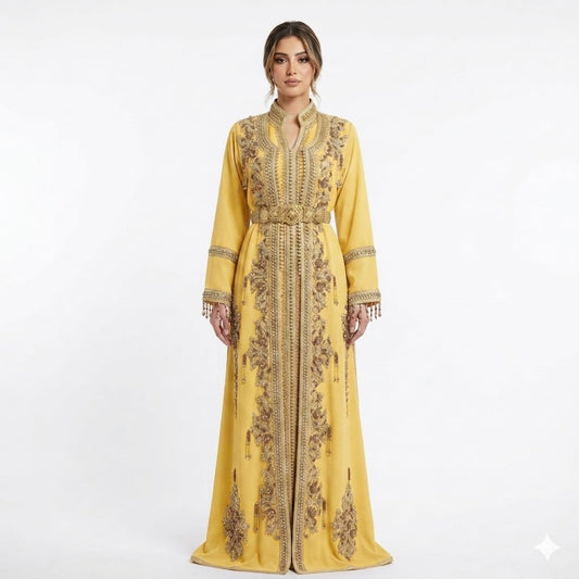 Saffron Gold Hand-Embroidered Luxury Moroccan Kaftan Gown with Metallic Filigree Belt