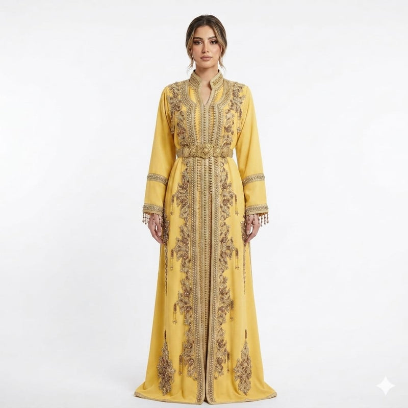 Saffron Gold Hand-Embroidered Luxury Moroccan Kaftan Gown with Metallic Filigree Belt