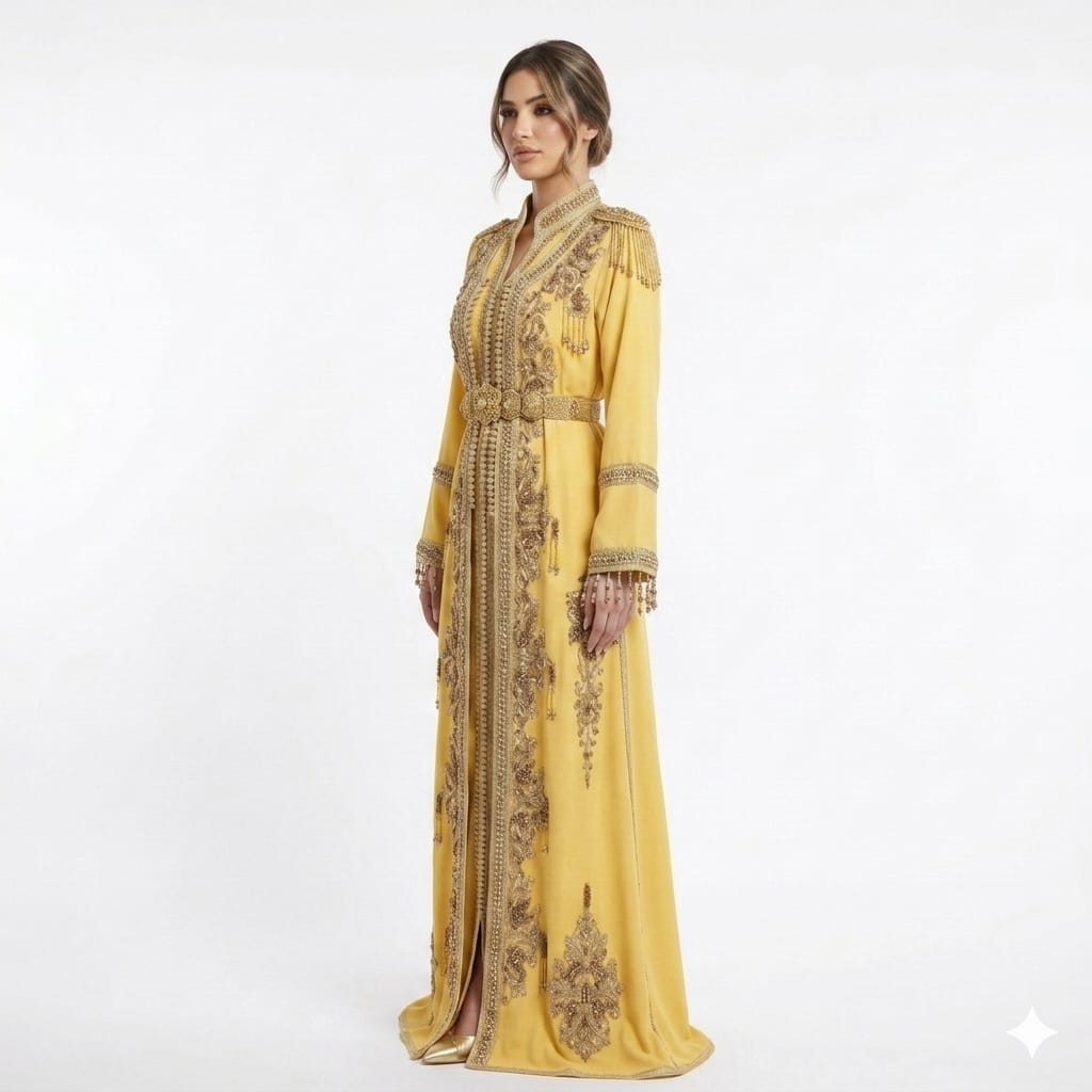 Saffron Gold Hand-Embroidered Luxury Moroccan Kaftan Gown with Metallic Filigree Belt