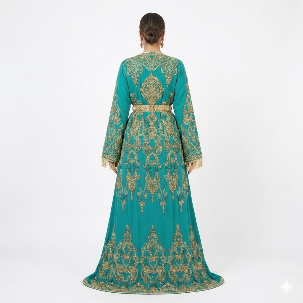 Royal Teal & Gold Embroidered Moroccan Caftan Gown with Luxury Embellished Belt | Premium Takchita Wholesale