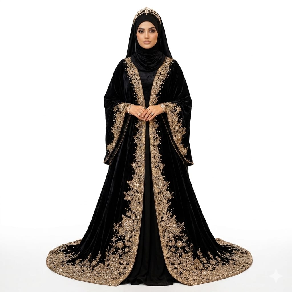 Royal Sultana Hand-Embroidered Black Velvet Luxury Abaya Kaftan