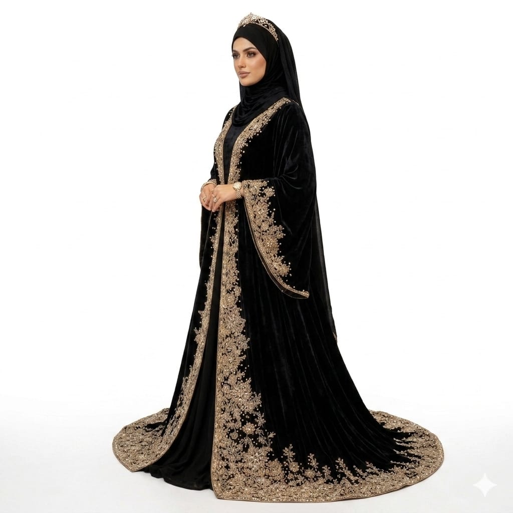 Royal Sultana Hand-Embroidered Black Velvet Luxury Abaya Kaftan